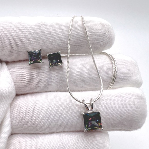.925 Sterling Silver Rainbow Topaz Cz Necklace & Earring Set - Picture 8 of 16